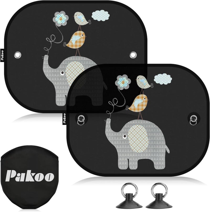 Pakoo Car Sun Shades for Baby, 2 Pack Mesh Window Shade Baby Kids Pet with Cute Animal Motifs, Side Window Screens for SUV, 17"x14" Universal Car Sun Shades with Suction Cups - Image 1
